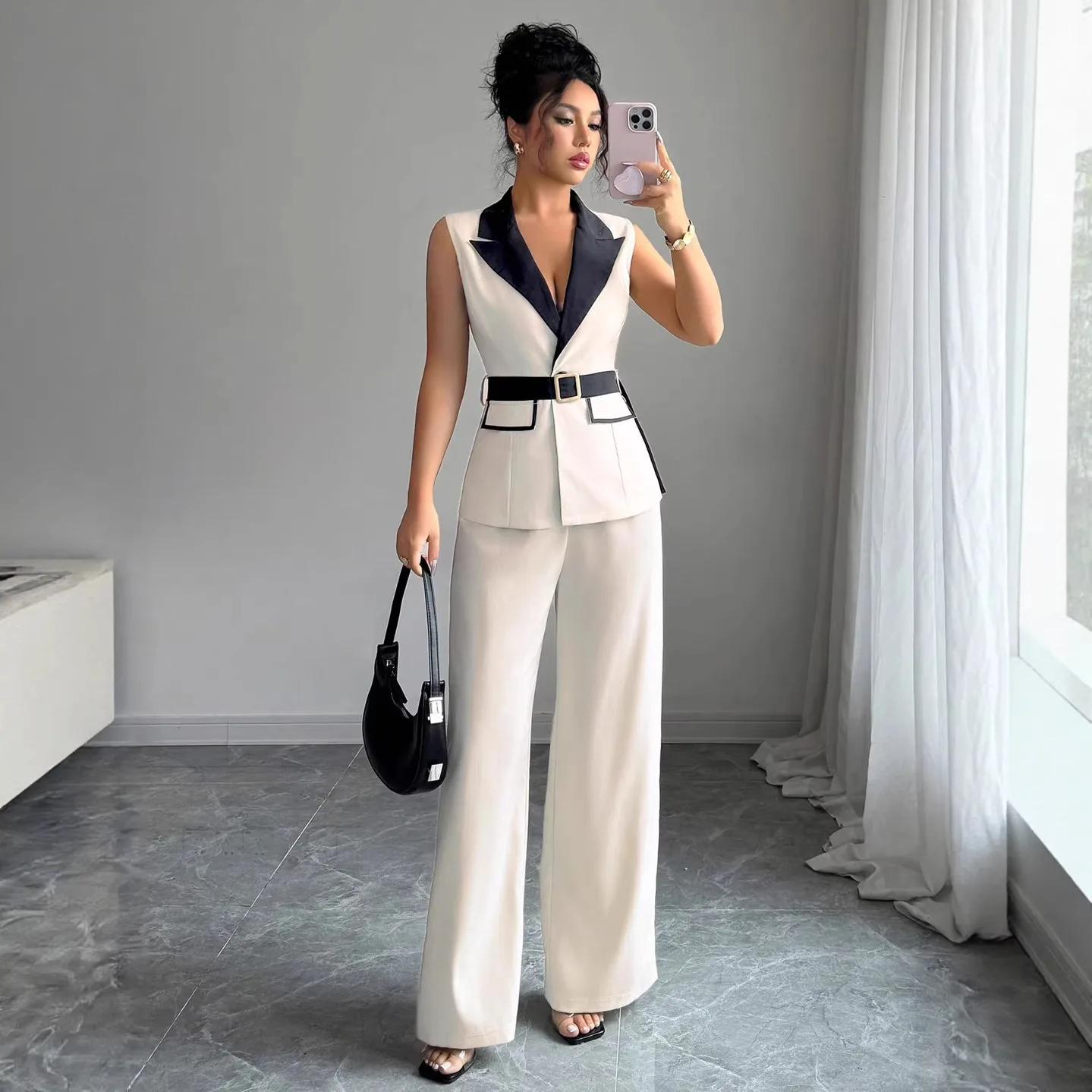 

New Autumn Women's Fashionable Temperament Elegant Style Color Blocked Strapless Straight Leg Pants Set