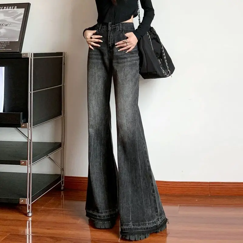Y2K Retro Women High Waist Flare Jeans Raw Frayed Hem American Vintage Bootcut Wide Leg Denim Horse Hoof Pants