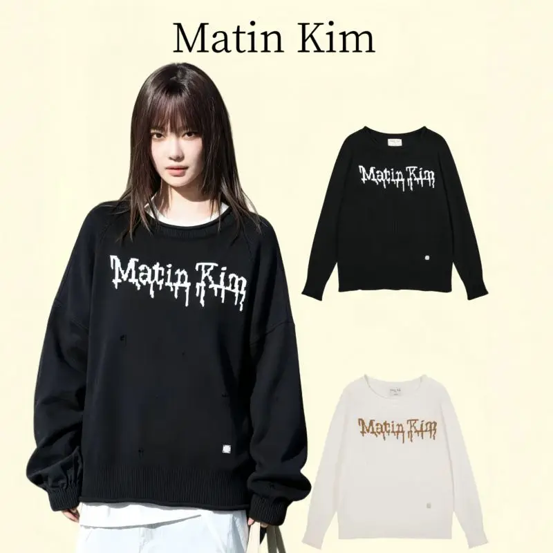 Matin Kim Korean Niche Streetwear Brand Knit Sweater MK Vintage Logo Off Shoulder One-Shoulder Autumn Winter