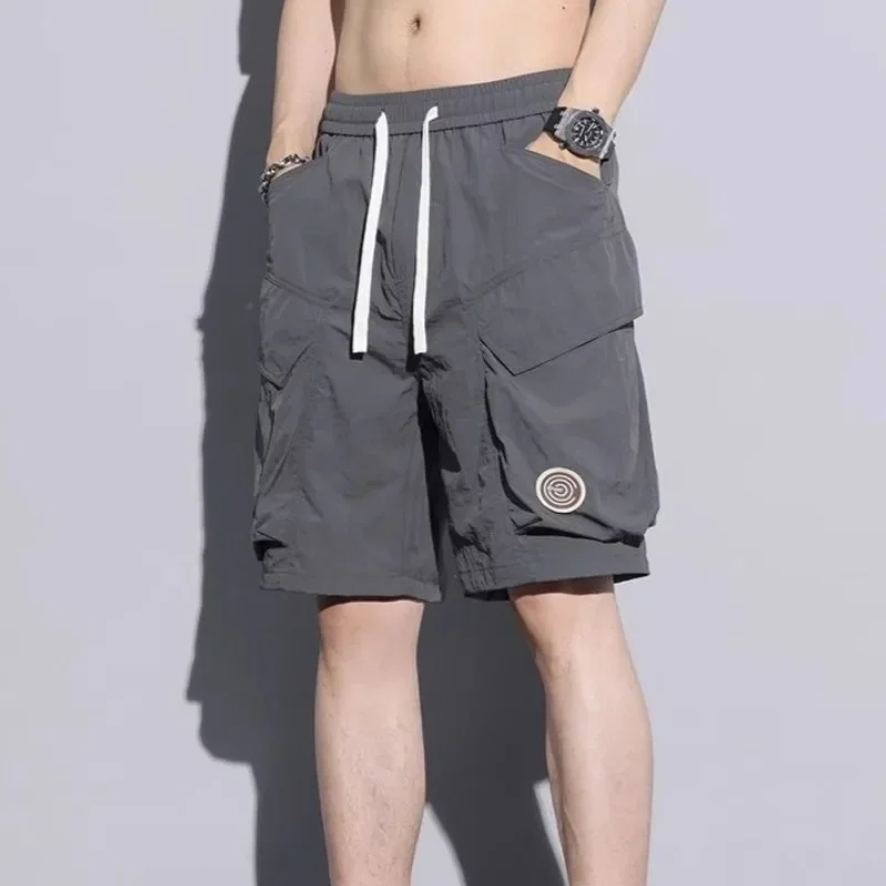 남성 포켓 와이드 카고 반바지 배기 드로스트링 솔리드 밴딩 허리 루즈 지퍼 편안한 옷 Y2k