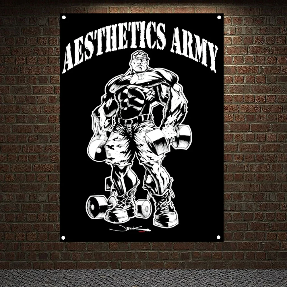 

AESTHETICS ARMY Gym Decor Man Muscular Body Banners Workout Bodybuilding Flag Inspirational Poster Wall Hanging Canvas Painting