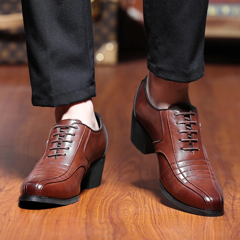 

Spring and Autumn Men Lace Up Formal High Heels Round Headed British Business Casual Wedding Banquet Cuban Trendy Shoes