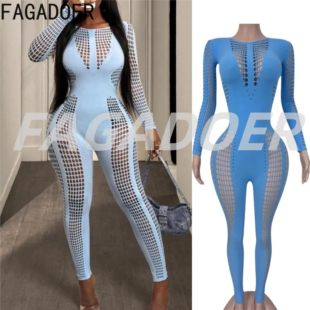 

FAGADOER Summer New Sexy See Though Bodycon Jumpsuit Women Solid Color Long Sleeve Hollow Out Rompers Female Nightclub Overalls