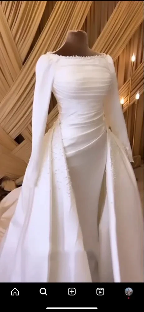 

Msikoods Muslim Arabic Wedding Dresses Long Sleeves O Neck Bride Dress Women Detachable Train Satin Beads Pearl Wedding Gown