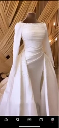 Msikoods-vestidos de novia árabes musulmanes, vestido de novia personalizado de manga larga, tren desmontable, cuentas de satén, vestido de novia de perlas