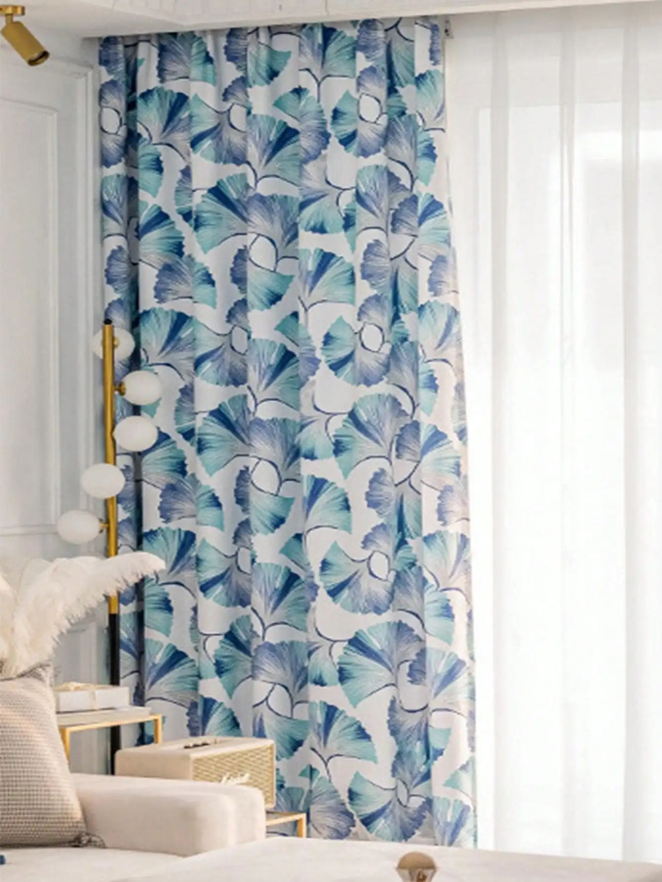Nordic Pastoral Style Classic Blue Ginkgo Leaf Jacquard Curtains Living Room Bedroom Balcony Blackout Curtains
