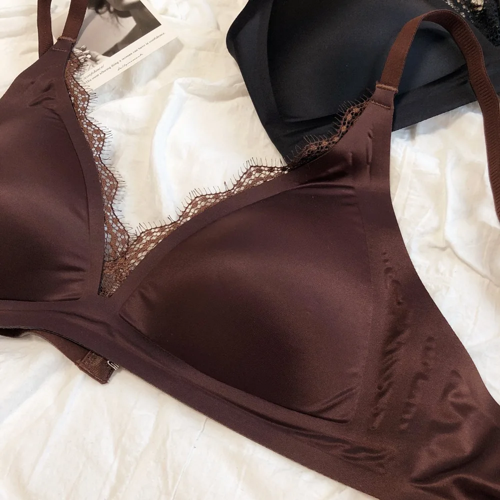Französisch Sexy Nahtlose Dessous Frauen Seide Satin Spitze Bh Tiefe V Dreieckige Tasse Push-Up Bhs Verstellbaren Riemen Komfort Unterwäsche – Detail 10