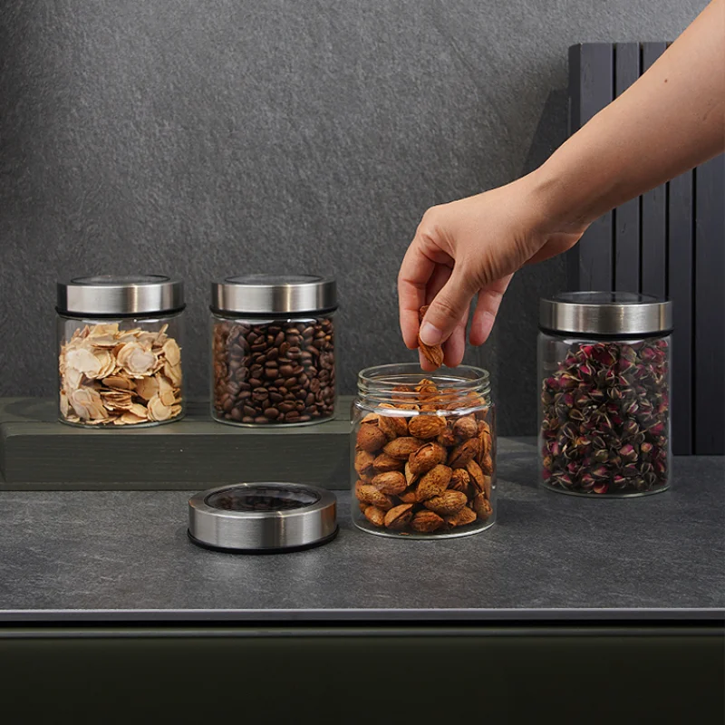 European Transparent Glass Storage Jar Kitchen Tea Coffee Bean Storage Bottle Moistureproof Sealed Jar Metal Lid Home Decoration