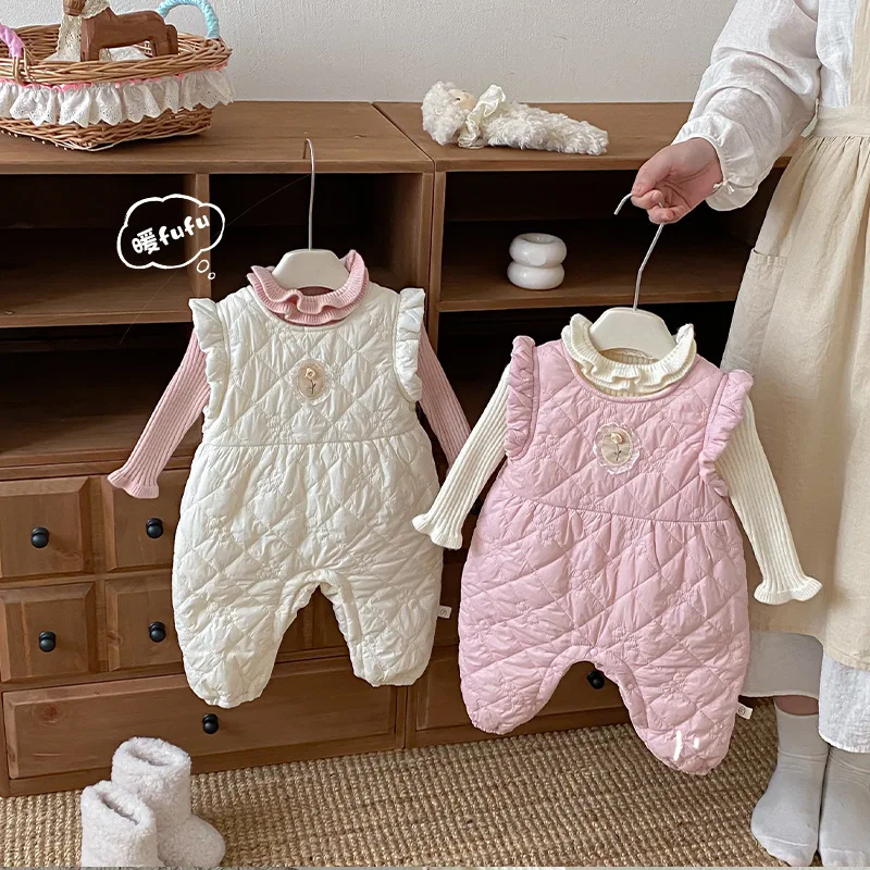 Baby Super Cute Jumpsuit 0-2 Years Old Winter Baby Clip Cotton Sleeveless Crawling Clothes Baby Clothes One Year Old Dress