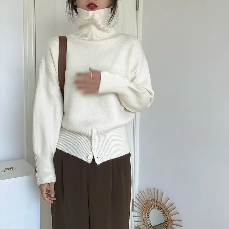 

Женский шикарный трикотаж с высоким воротником, мягкий уютный облегающий базовый слой, корейский топ, осенне-зимний универсальный свитер на пуговицах