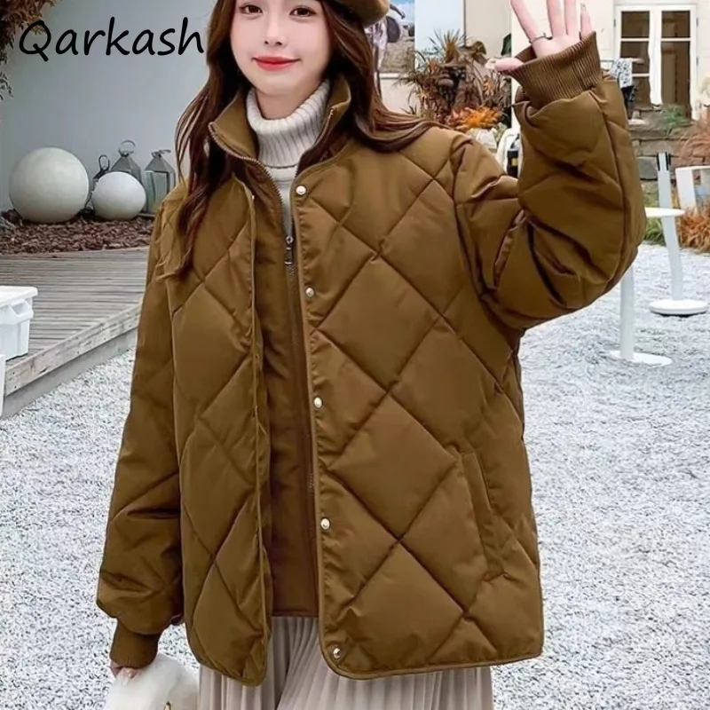 Short Style Parkas Women Autumn Winter Sweet Loose Cotton Thickened All-match Casual Fashion Rhombus Designed Solid Outerwear