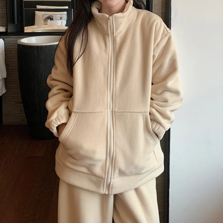 

Double-sided Fleece Casual Suit for Women, Winter Style, Loose, Thickened, Lazy Wind, Can Be Worn Outside, Warm Two-piece Set.