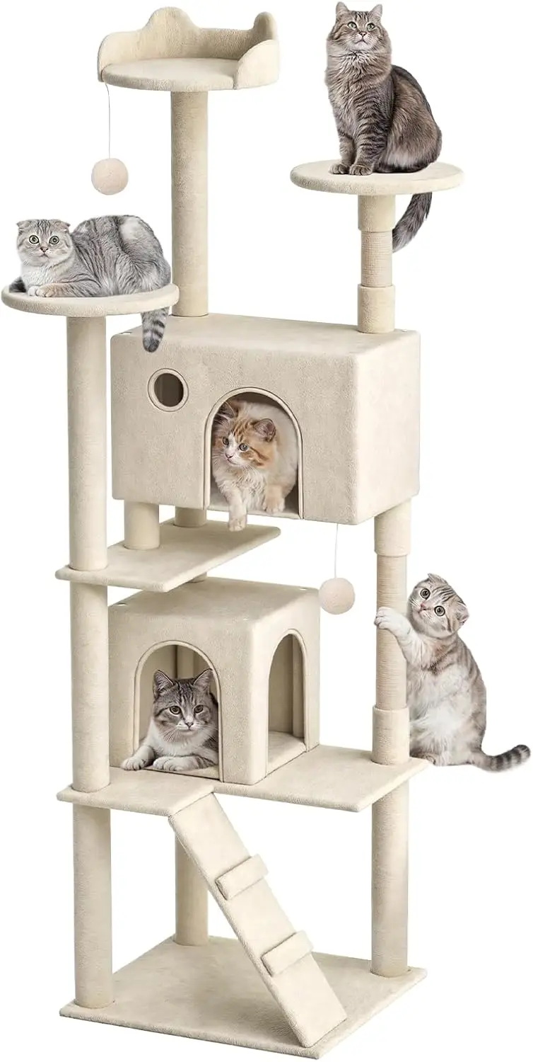 

Кошачья лежанка Magshion Cat Tree 77 дюймов для домашних кошек, многоуровневый комплекс для кошек с когтеточкой, верхней лежанкой, сизалевой доской и подвесными элементами.