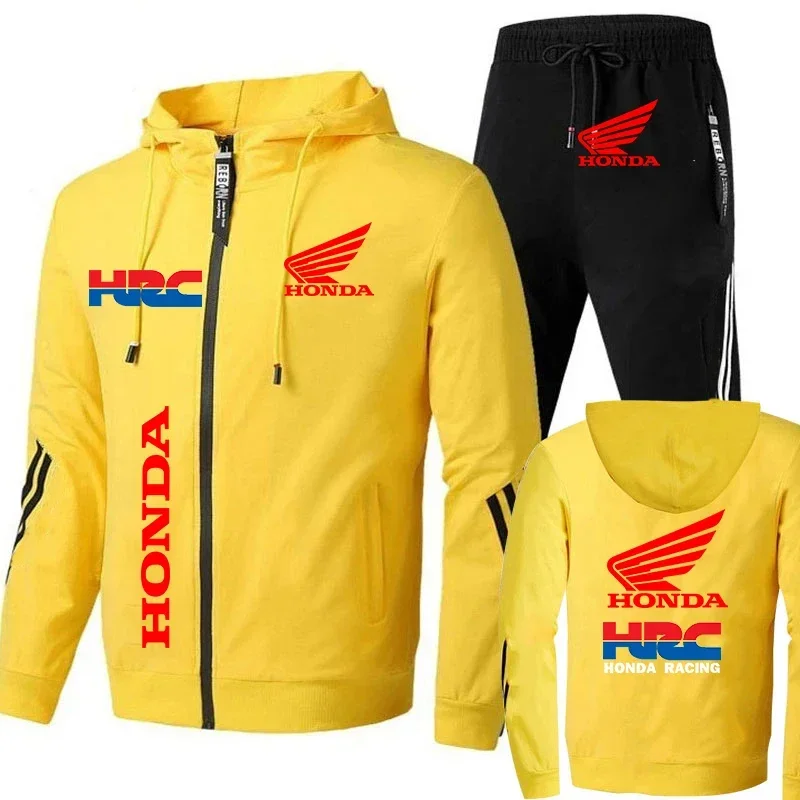 Honda Hoodie ชุดเสื้อผ้าผู้ชาย Honda ปีกสีแดงและ HRC โลโก้พิมพ์ผู้ชายฤดูใบไม้ร่วง Zip Up Hoodies + กางเกงชุดผู้ชาย Honda เสื้อ