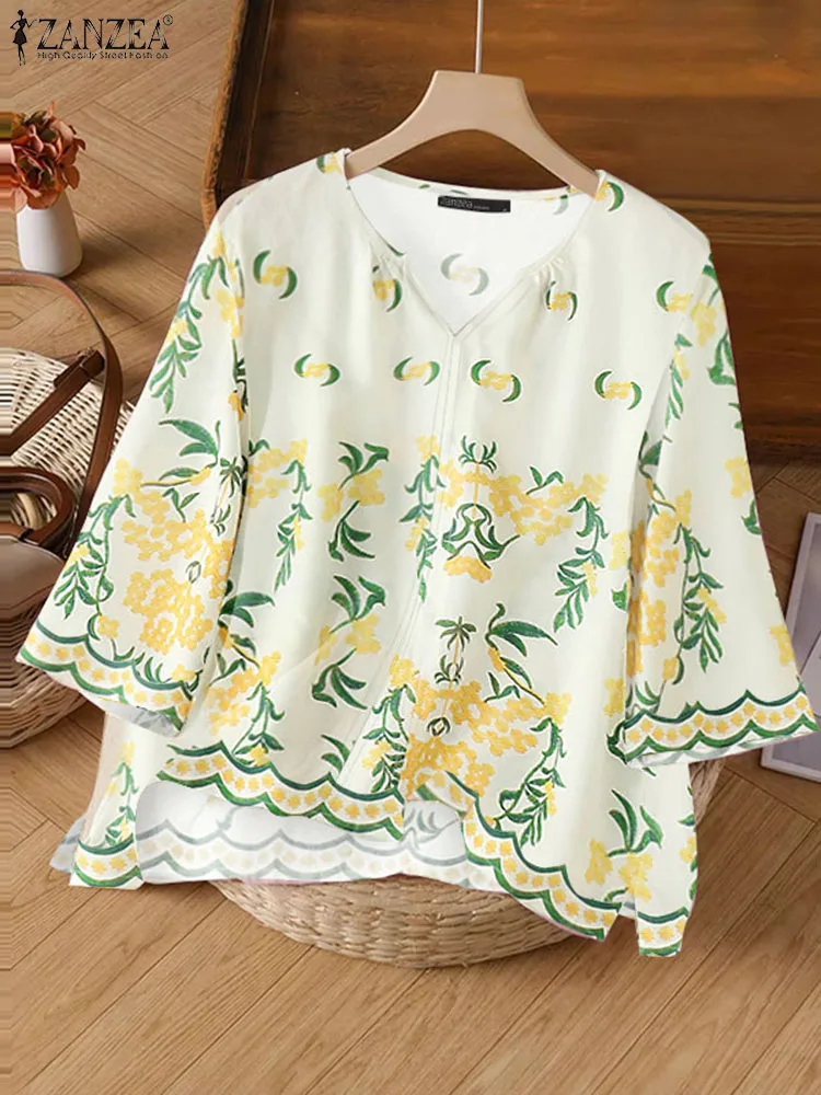 

2025 Summer Floral Printed Blouses ZANZEA Women Bohemain V Neck 3/4 Sleeve Holiday Shirt Casual Loose Tops Tunic Female Chemise