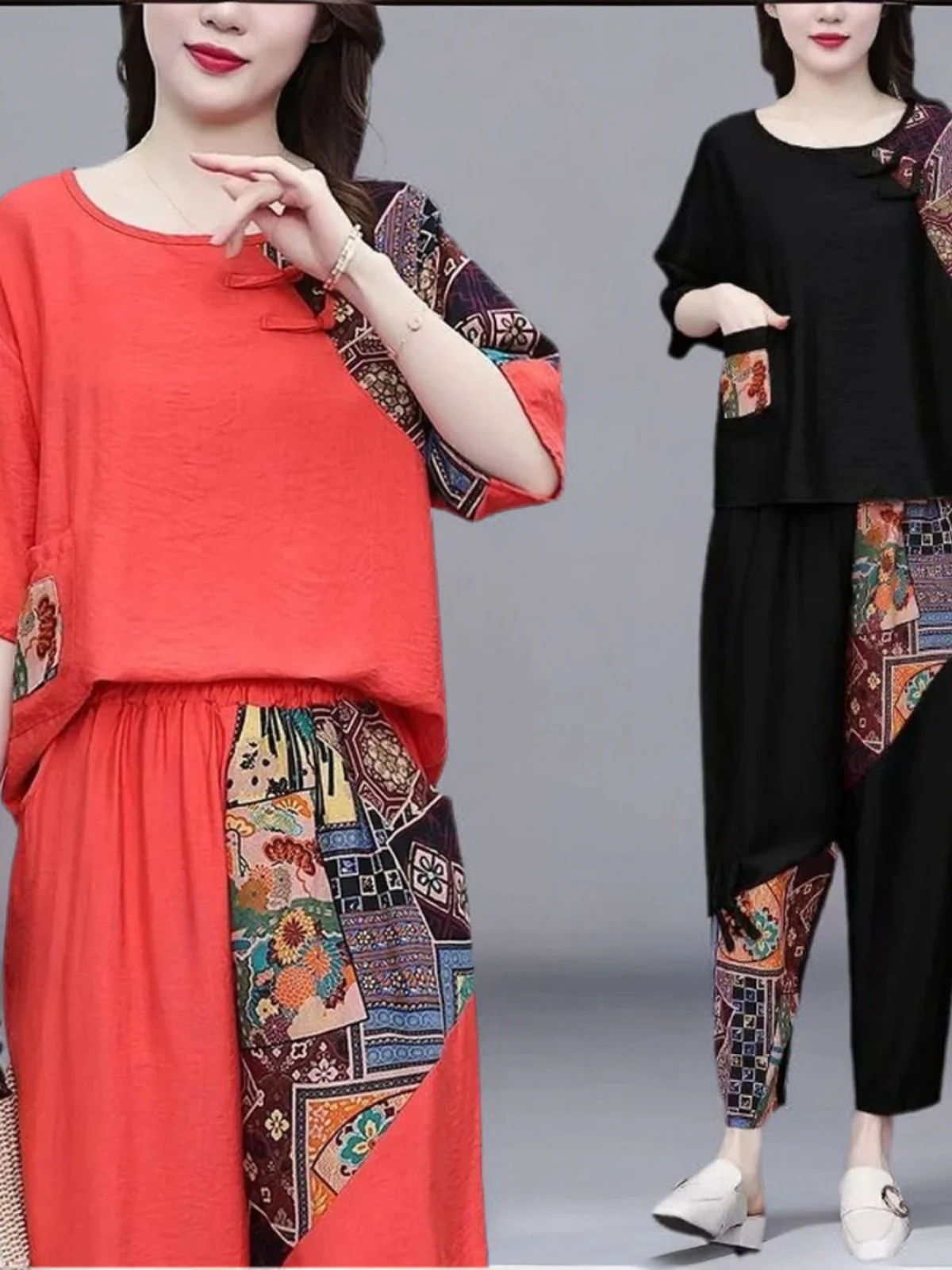 

New Chinese Style Cotton Linen Set Women Summer 2024 Fashion Casual Loose Two Piece Set Slimming Mommy Clothes