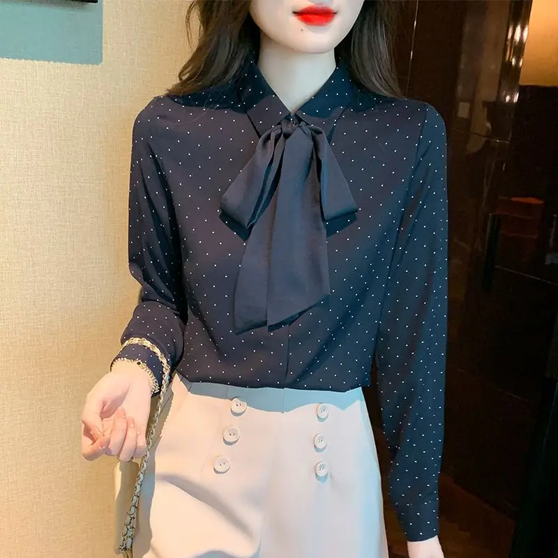 Fashion Bow Lacing Polka Dot Blouse Spring New Long Sleeve All-match Print Office Loose Shirt Tops Elegant Vintage Women Clothes