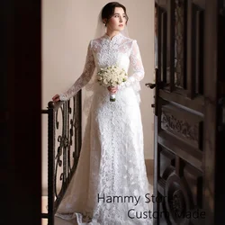 High Neck Saudi Arab Wedding Dress Customized Exquisite Applique Sweep Train A Line Bride Bridal Gown Vestido De Noiva