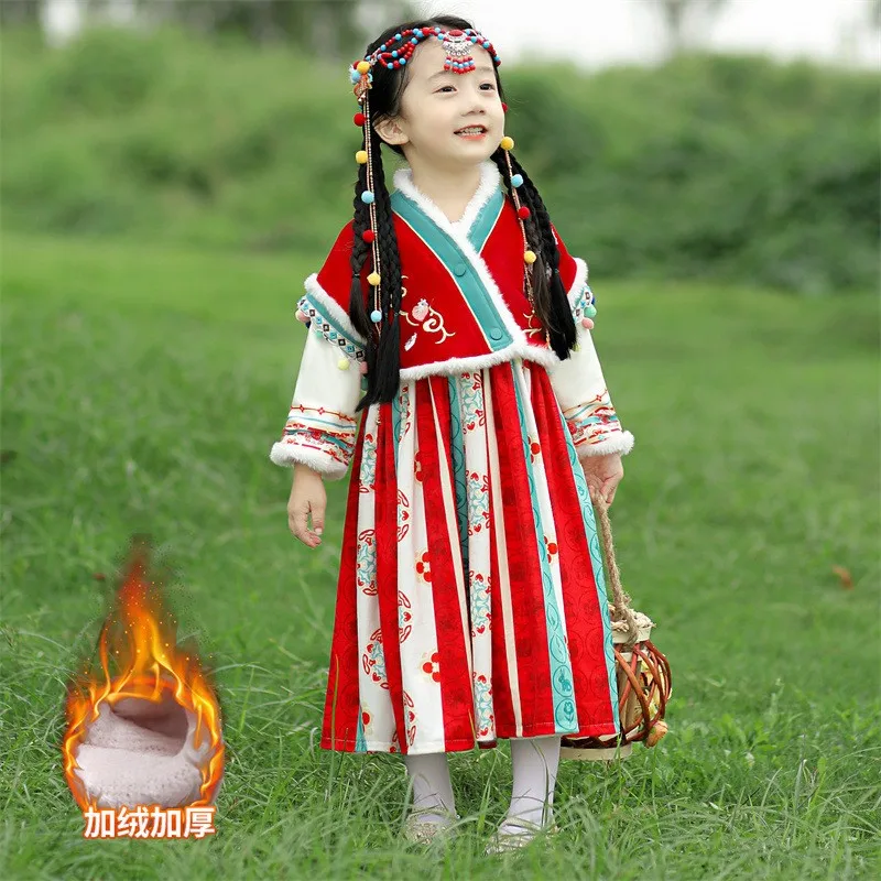 2023 Winter New Warm Girls Dresses Chinese Hanfu Children Suit Princess Kids Elegant Cute Party Costume Chinese New Year Clothes