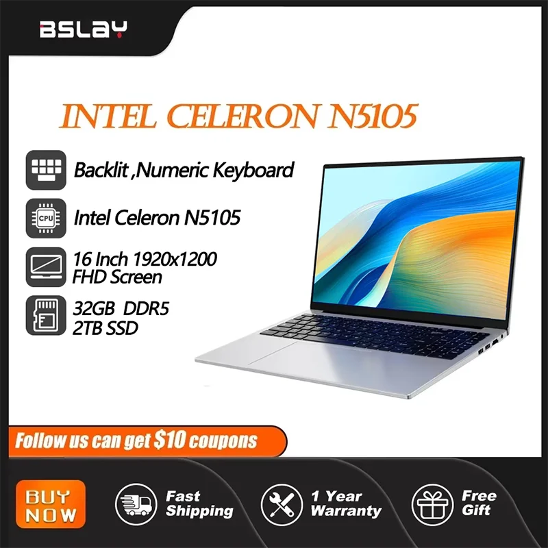 Laptop 16 inci Intel N5105, komputer PC bermain game RAM 32GB SSD 2TB DDR5 Windows 11 Buka kunci sidik jari kamera HD HDMI 1920*1200