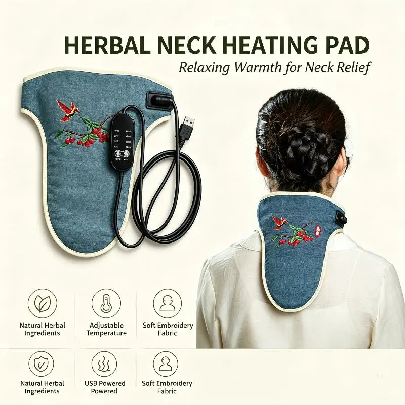 Mugwort Fluff Electric Heated Neck Wrap Adjustable Temperature Timer Herbal Hot Compress For Neck Pain Relief Home Office Use