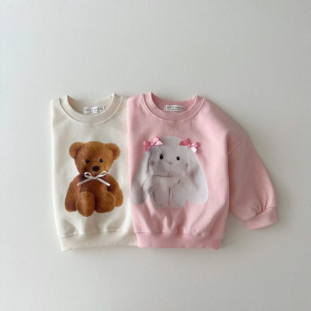 2024 Spring New Baby Girl Cute Rabbit Sweatshirt Infant Cartoon Bear Print Cotton Pullover Kids Toddler Casual Versatile Tops