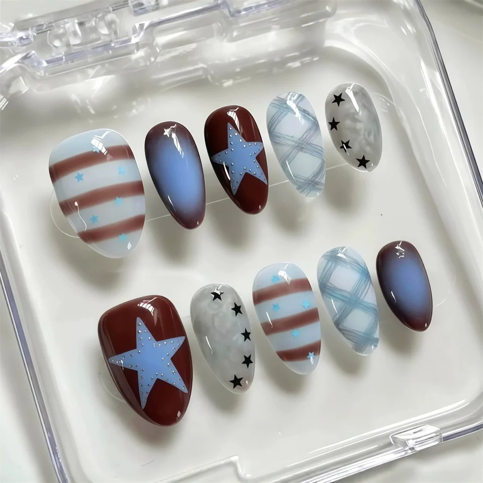 30 uñas postizas en forma de almendra, estilo Y2K, cuadros azules retro, estrellas doradas, para mujer, fiestas, uso diario, manicura DIY 3