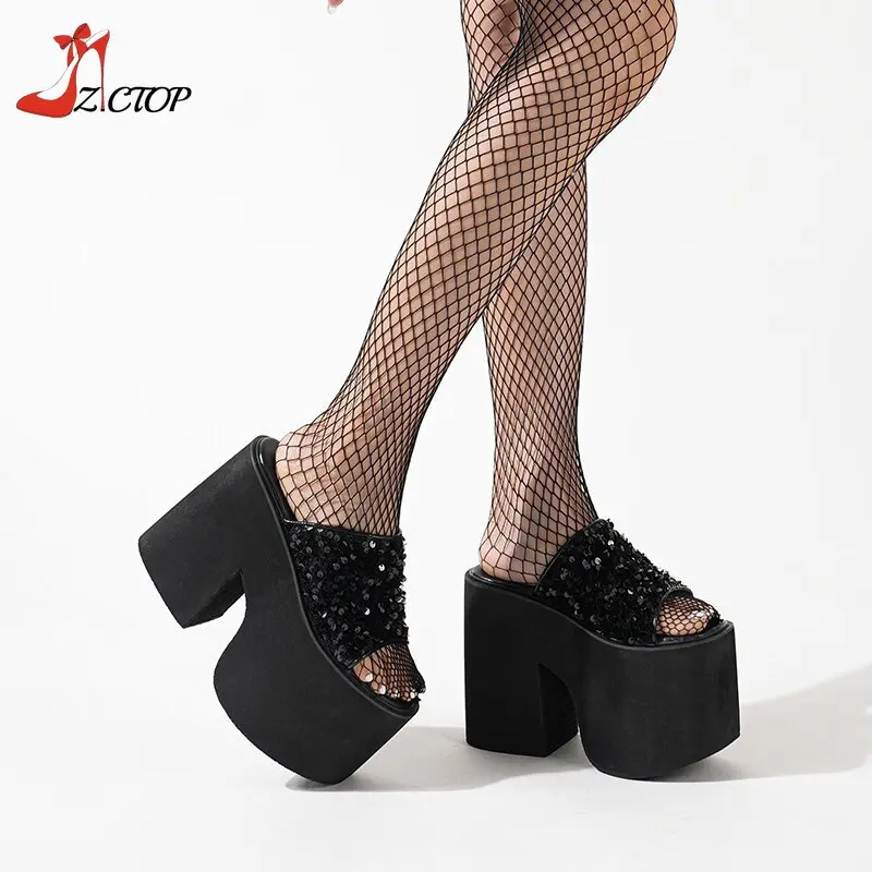 10cm Platform Chunky Heels Sandals Women Bling Open Toe Slip On Thick Bottom Mules Black Punk Shoes Summer Outdoor Slippers