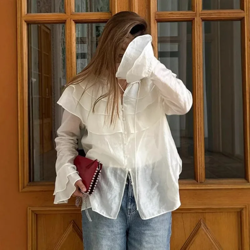 

2026 Spring Autumn Women Loose Tops Street Fashion Ruffle Long Sleeve Cardigan Femme Solid Casual See Through Top Ladies