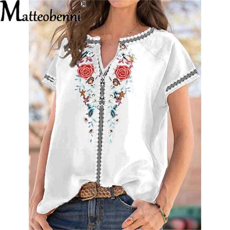 Summer Women Urban Leisure V Neck Print Short Sleeve T-Shirt Ladies Ethnic Style Casual Loose Boho Retro Harajuku Oversized Tops