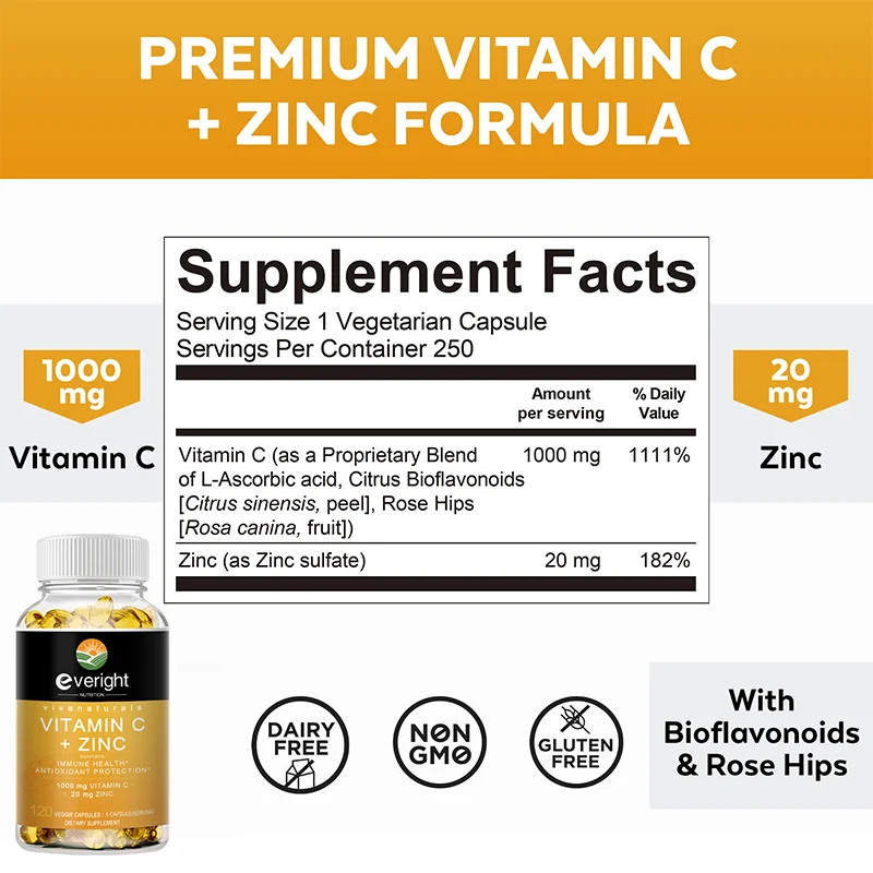 Suplemento de Vitamina C e Zinco, Suplementos Antioxidantes para Suporte Imunológico e Saúde da Pele, 20 mg, 1000 mg