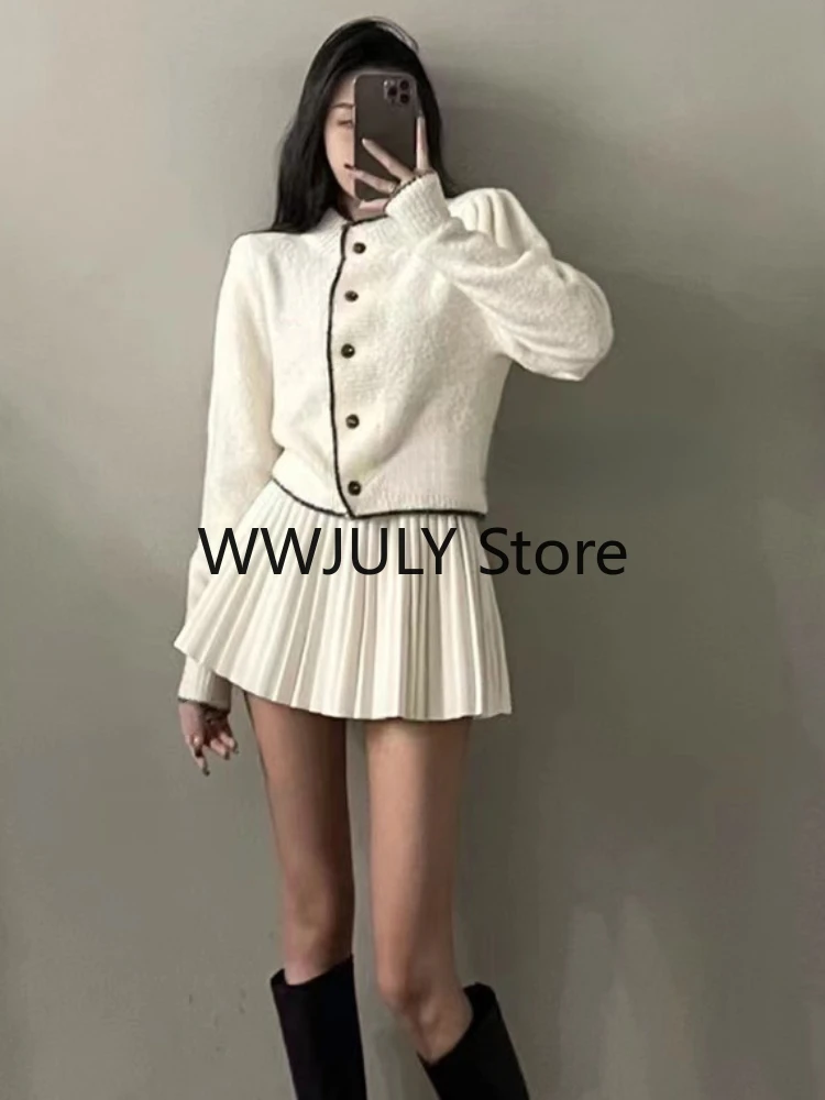 2023 autunno Outwear maglione lavorato a maglia bianco Cardigan + donna elegante minigonna Y2k moda coreana abito lavorato a maglia Office Lady Chic