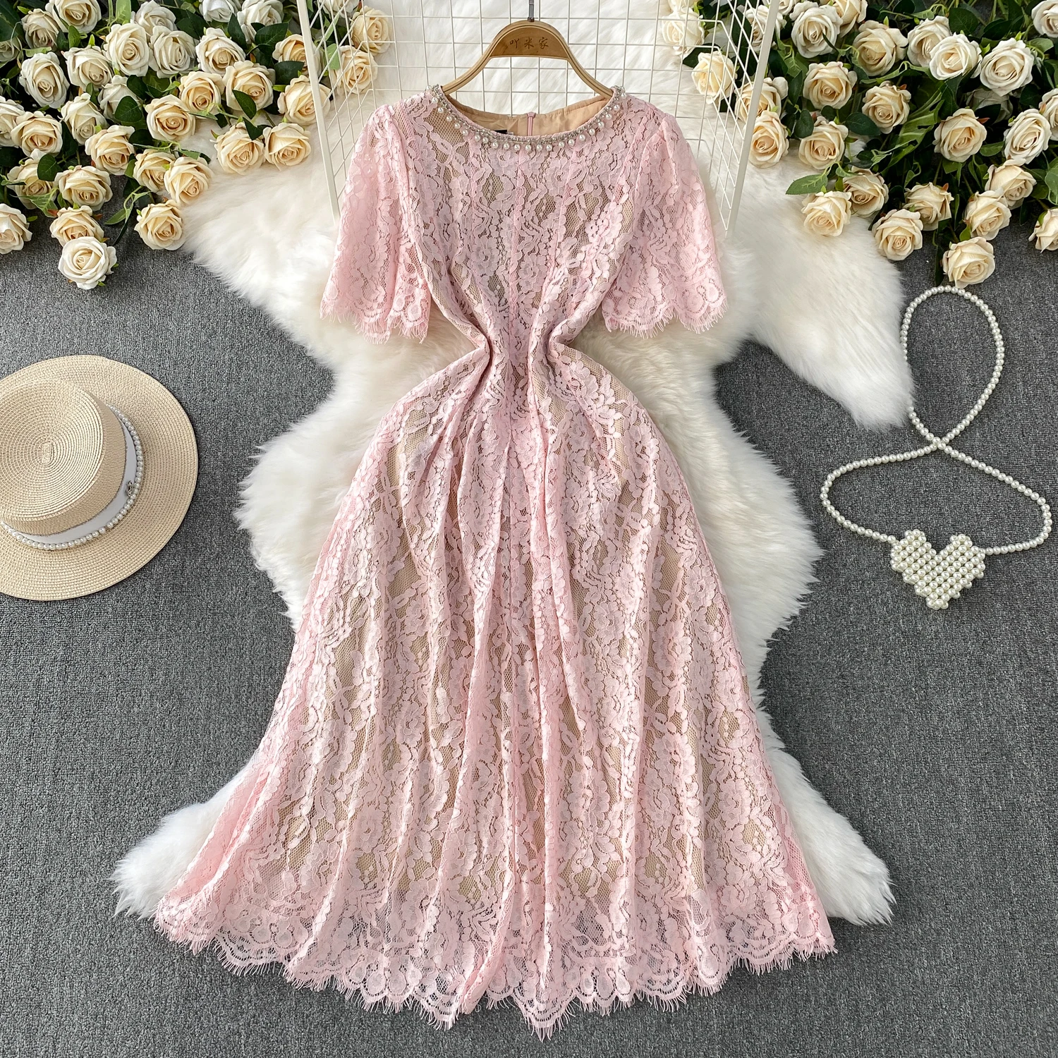 

Chic short sleeve lace A-line High Waist Evening Party Long dress Women High Street ceremony dresses