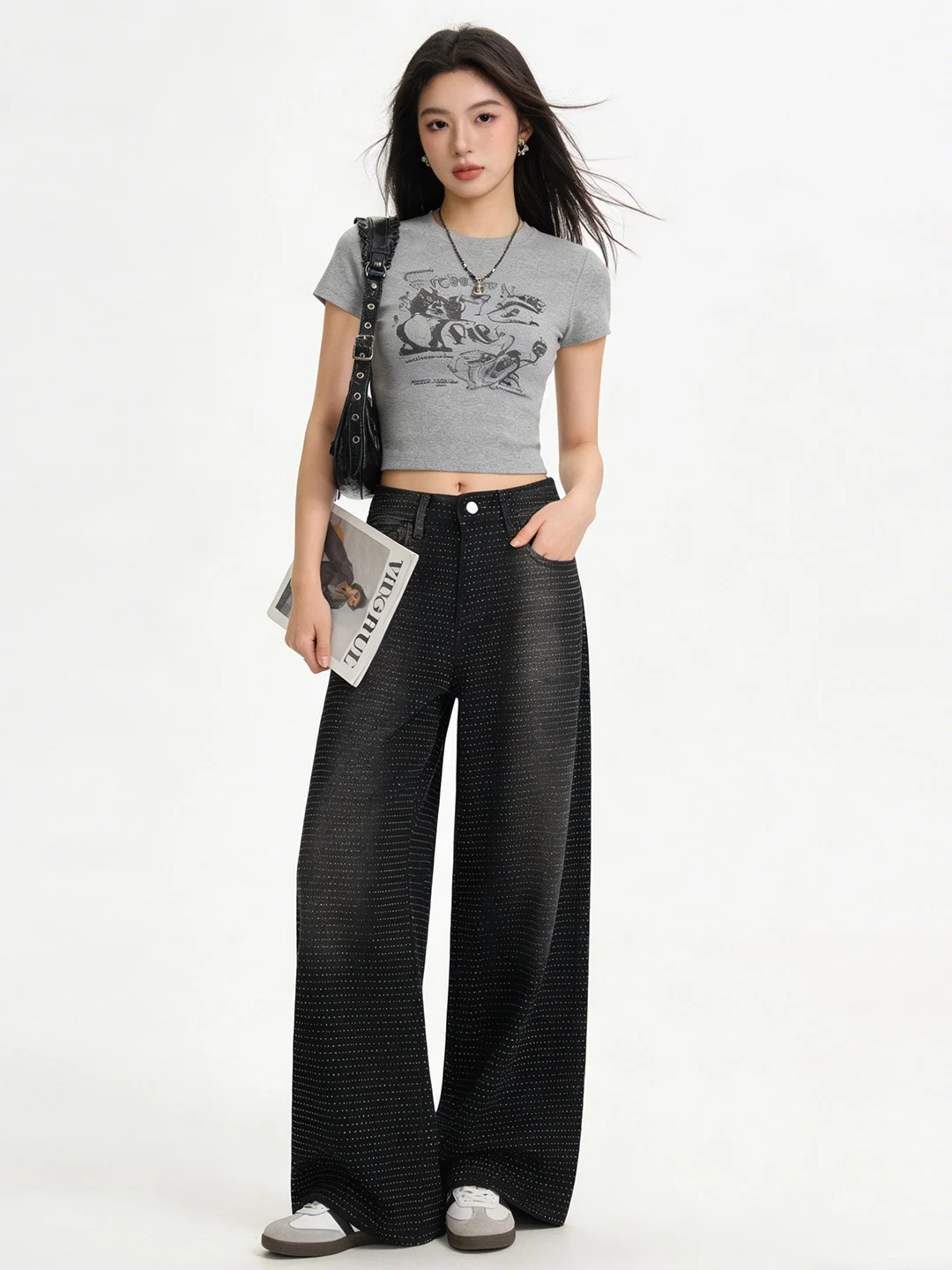 

Корейские джинсы с высокой талией и широкими штанинами из мягкого денима, черные, в стиле ретро, весна 2026, универсальные, стройнящие, с пайетками, для женщин