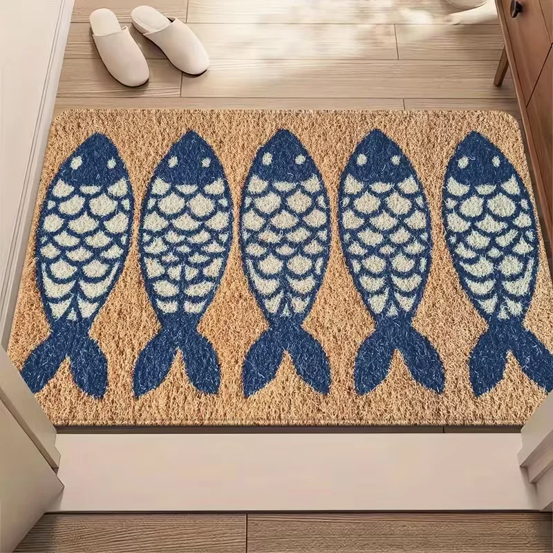 A Doormat Featuring Five Blue Fish Patterns Anti-slip and Made of Is An Ideal Choice for Entryways in Bedrooms and Living Rooms