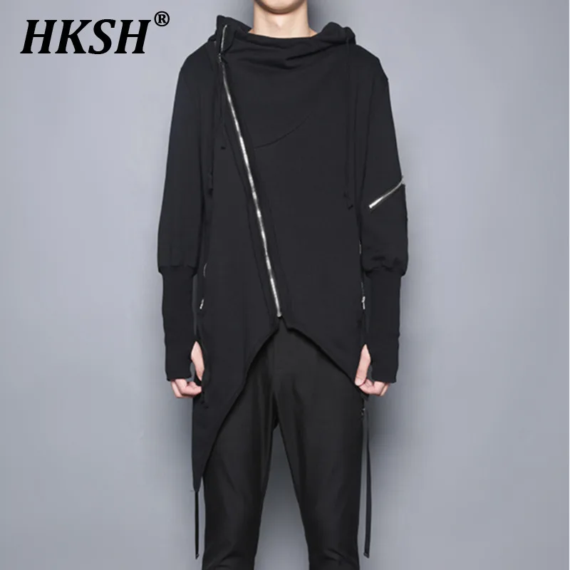 HKSH Gothic Darkwear Hooded Zipper Spliced Sweatshirt Men\'s Tide High Street Autumn New Chic Loose Hoodie Styish Techwear HK0376