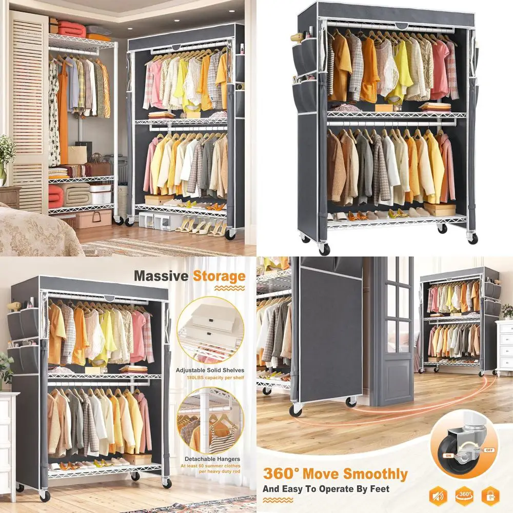 

Портативная усиленная вешалка для одежды на 81 предмет с регулируемыми полками, чехлом и двойными штангами, максимальная нагрузка 440 фунтов, белая