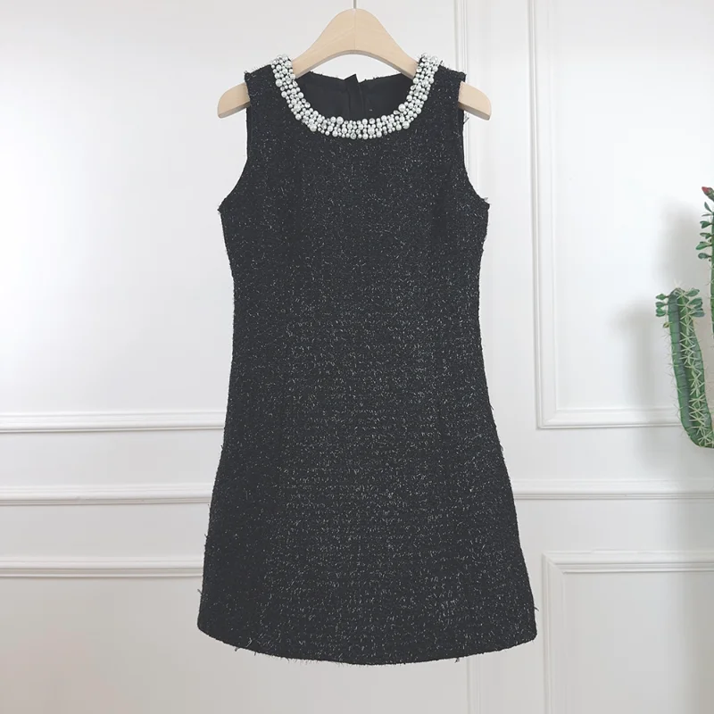 Women Fragrance Black Round Neck Pearl Collar Sleeveless Tweed Dress Fashion Sweet Vintage French Wedding Party Short Dress