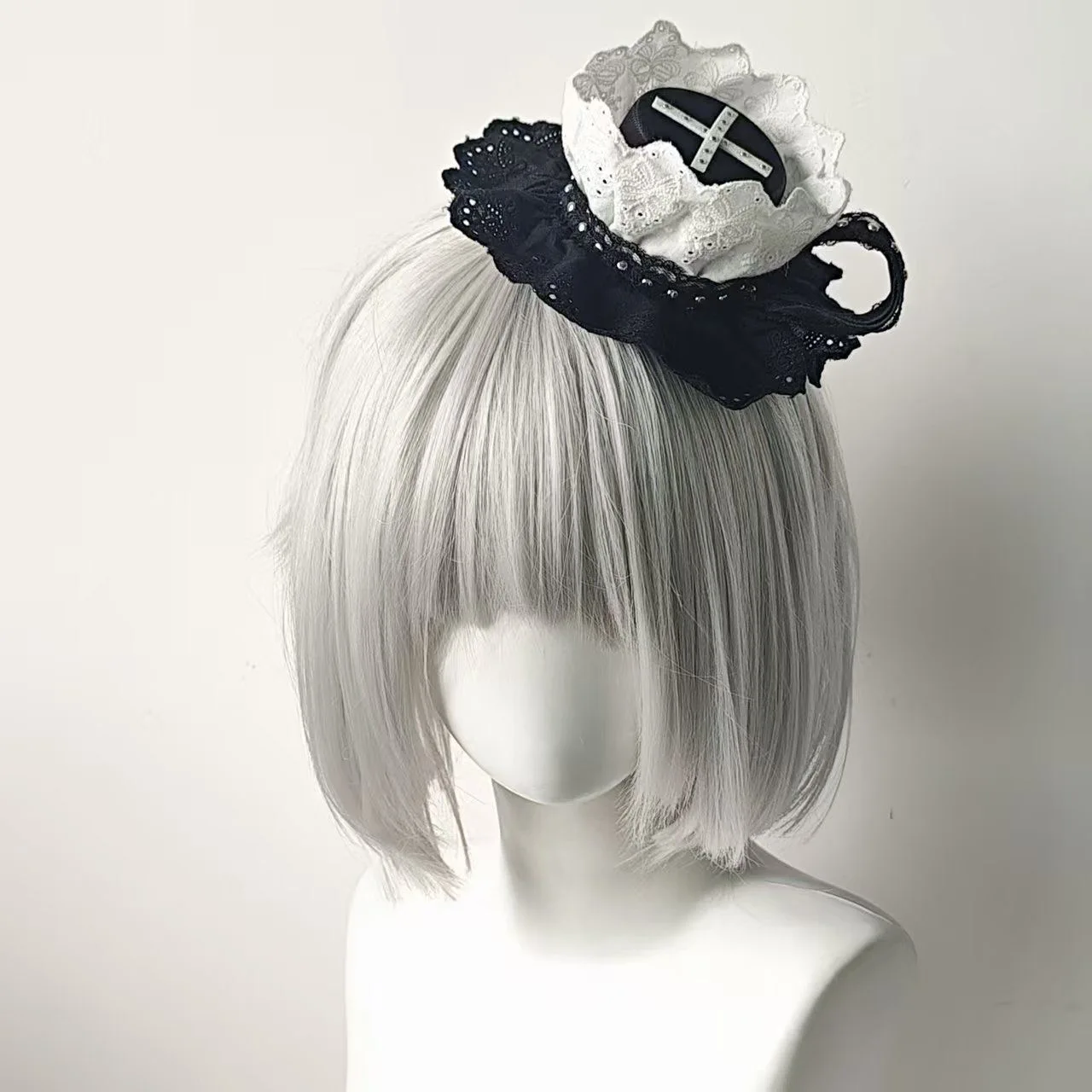 Black White Color Blocking Lace Teacup Mini Top Hat Hair Clip Handmade Lolita Gorgeous Tea Party Headpiece