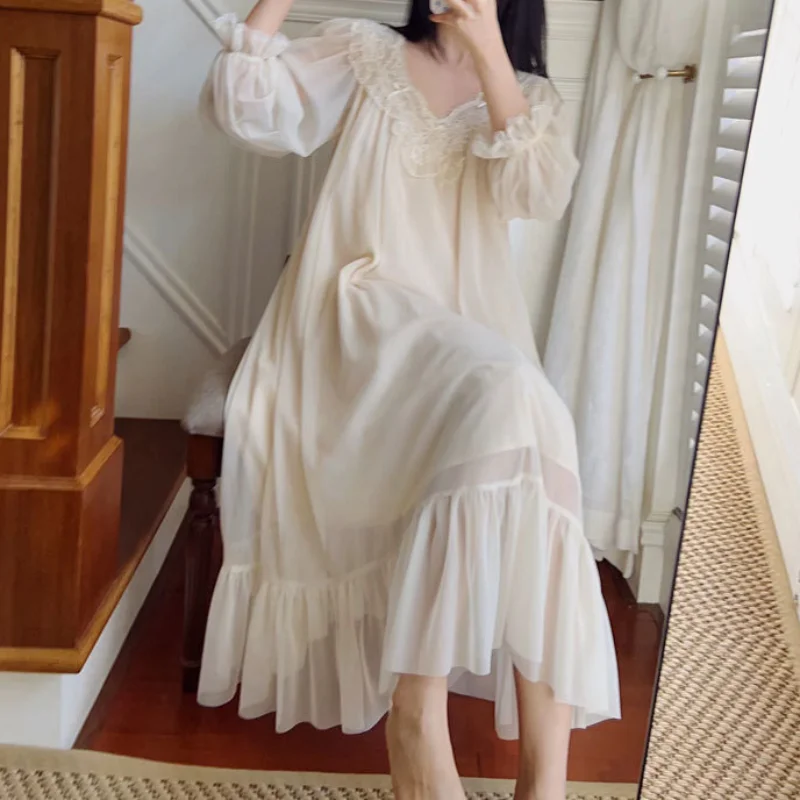 Women Mesh Night Dress Fairy Cotton Sexy Lace Peignoir Long Sleeve Sleepwear Princess Nightwear Spring Summer Vintage Nightgown