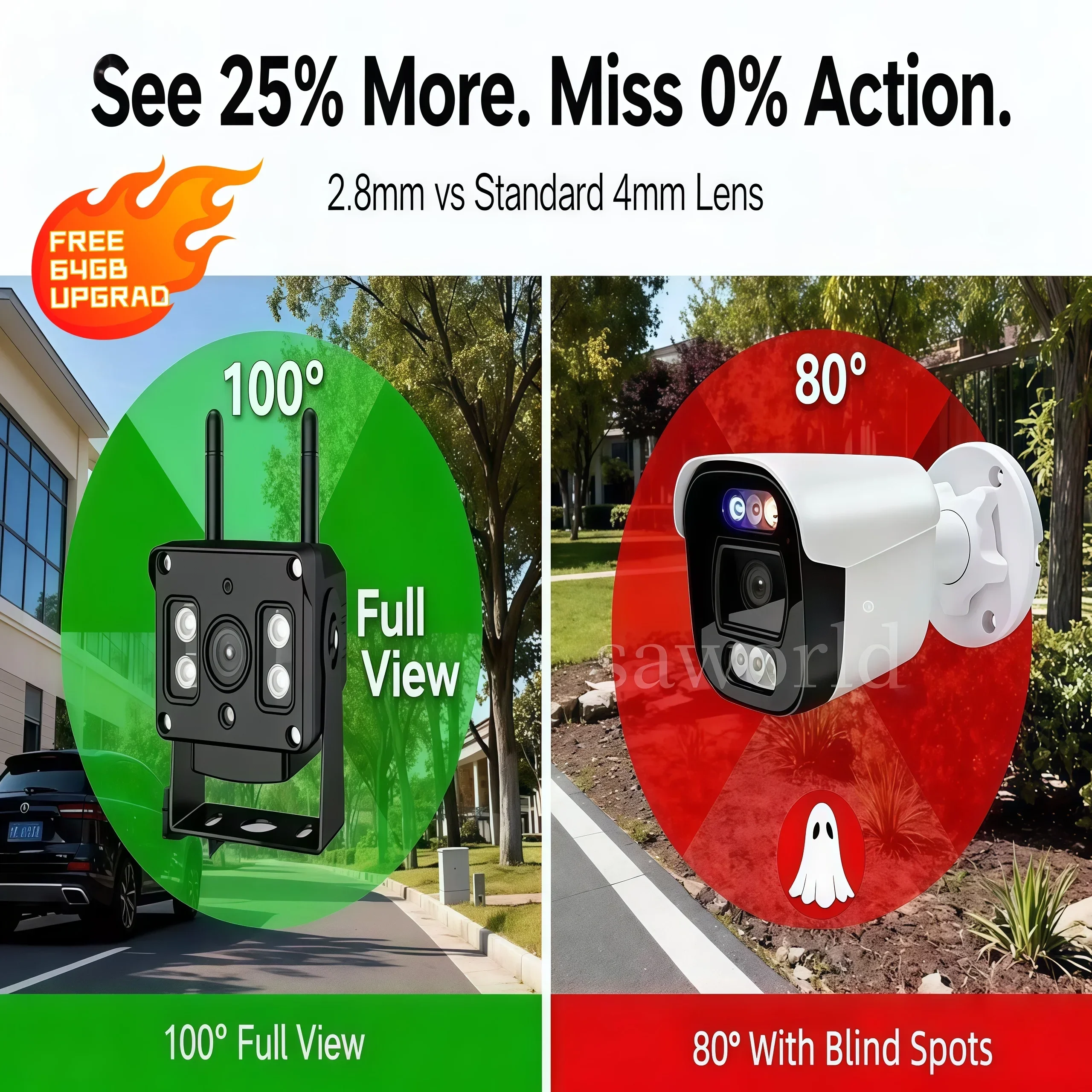 

Free 64GB Upgrade Security Camera for Apartment, No Drill Install, All Metal, 2.8mm Wide Angle 100° View, WiFi Indoor Outdoor