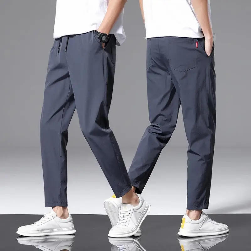 

Мужские летние повседневные быстросохнущие эластичные брюки из тонкого ледяного шелка, дышащие свободные прямые брюки, спортивные удобные легкие брюки