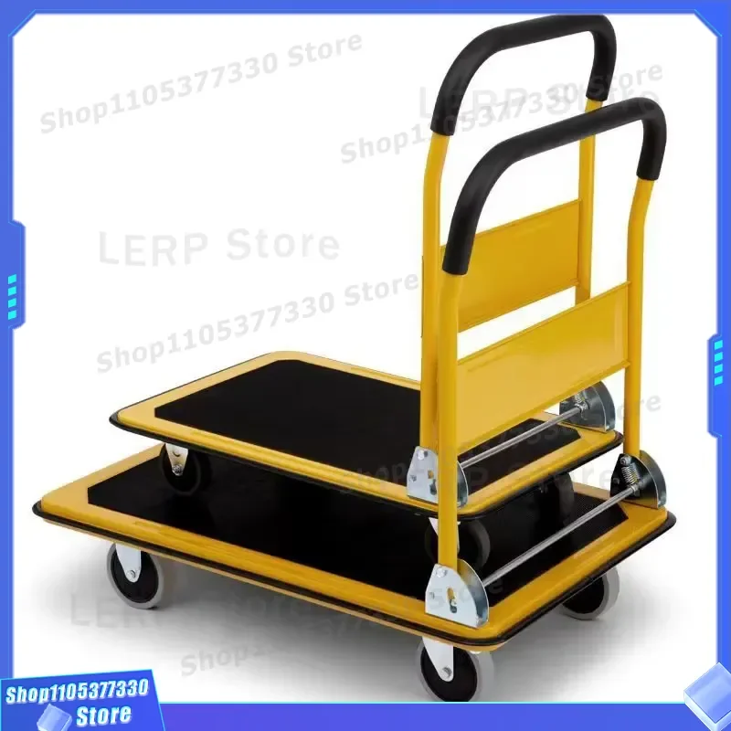 Heavy Duty Foldable Platform Trolley 150kg 300kg Capacity 4 Wheels Yellow Flatbed Cart for Warehouse Logistics Moving Hand