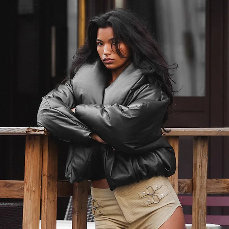 

Vintage PU Leather Cotton Padded Coats Women Fashion Turn Down Collar Long Sleeve Open Stitch Casual Parkas Jackets Outerwear