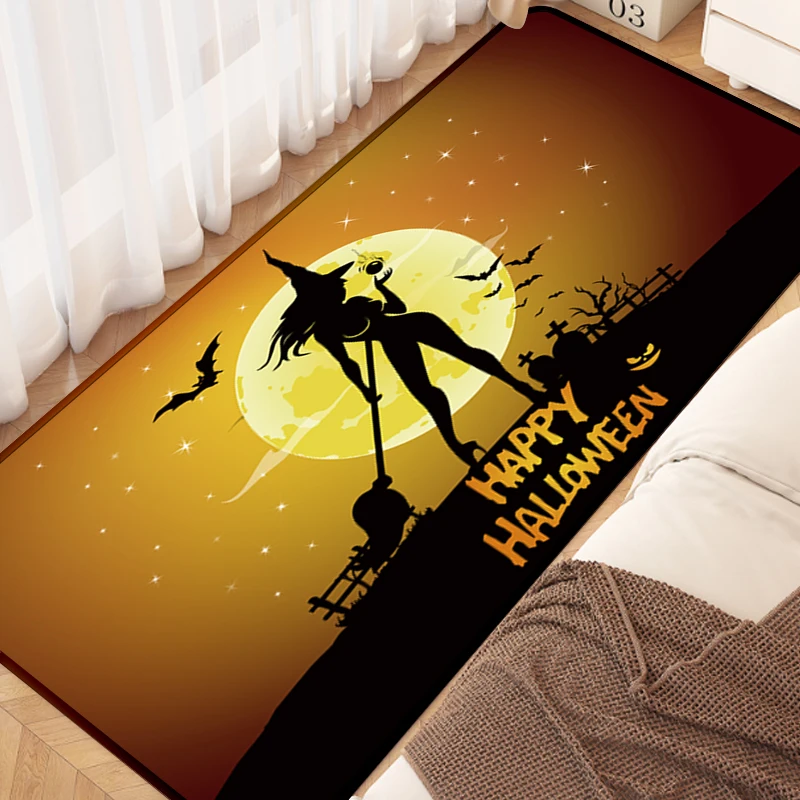 Happy Halloween Doormat Witch Silhouette Cemetery Moon Bat Non-Slip Floor Mat Entrance Door Rug Home Decor Holiday Party