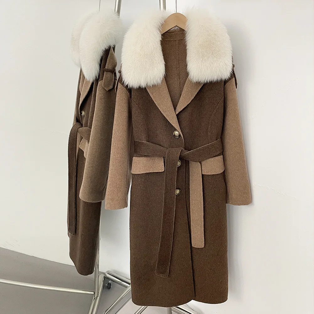 เสื้อโค้ทขนสัตว์ผสมสำหรับผู้หญิง ฤดูใบไม้ร่วง-ฤดูหนาว ปี 2025  ดีไซน์หรูหรา อุ่นสบาย  คอปกขนจิ้งจอกแท้  ผ้าแคชเมียร์สองด้าน