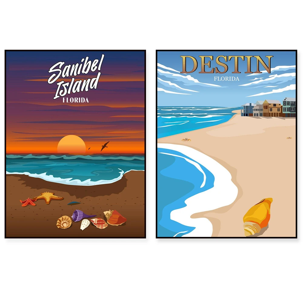 Travel posters for Clearwater, North Carolina beaches, Sanibel Island, Santa Cruz, Venice Beach California, Florida beaches