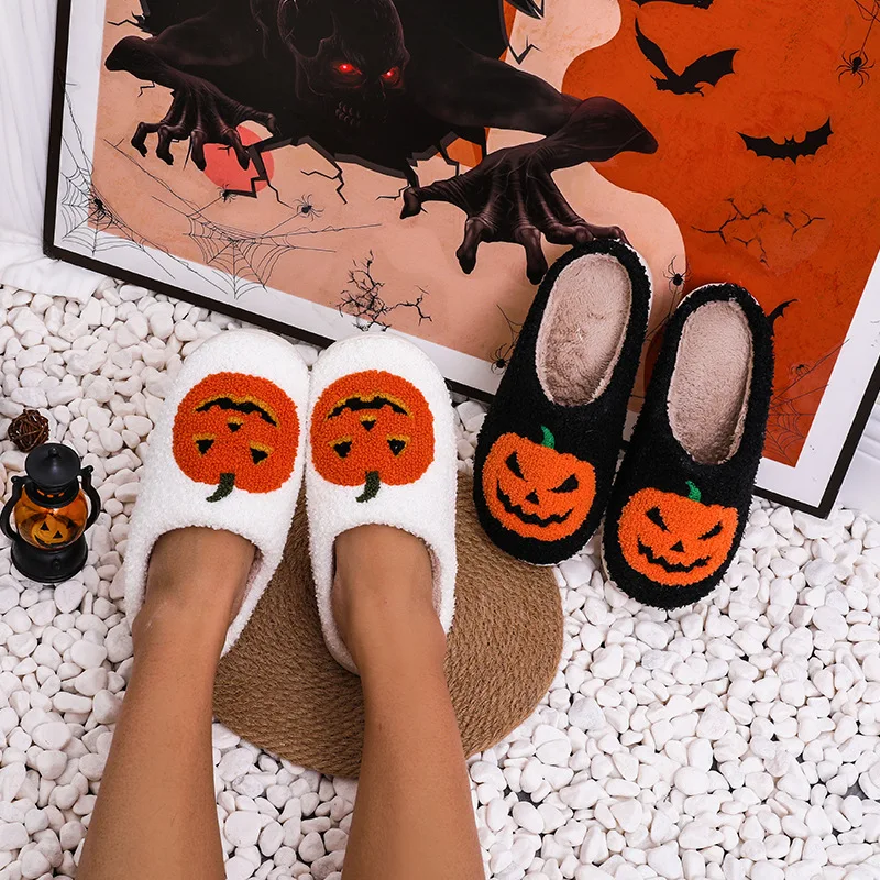 Halloween Pumpkin Slippers Women Men Finger Embroidery Spiders Warm Cotton Slippers Plush Anti Slip Resistant Couple Slippers