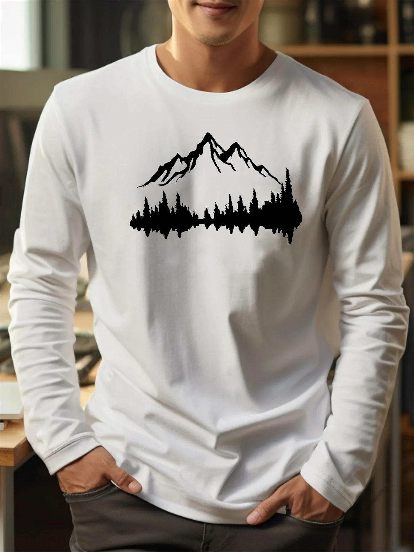 Men's 100% Cotton Loose Casual Mountain Reflection Graphic Print Crew Neck Long Sleeve Base Layer Tee