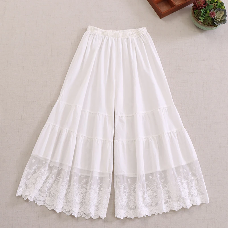 Summer Sweet Mori Girl Lace Embroidery Wide Leg Pants Women Elastic Waist Casual Loose Underpants Cotton Trousers White Black